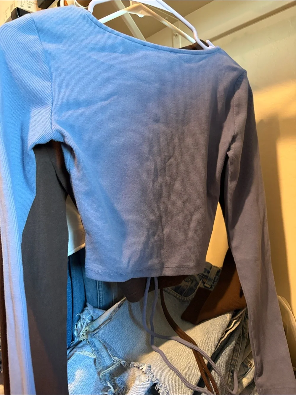 Zara Slate-Blue Ruched Square-Neck Long-Sleeve Top